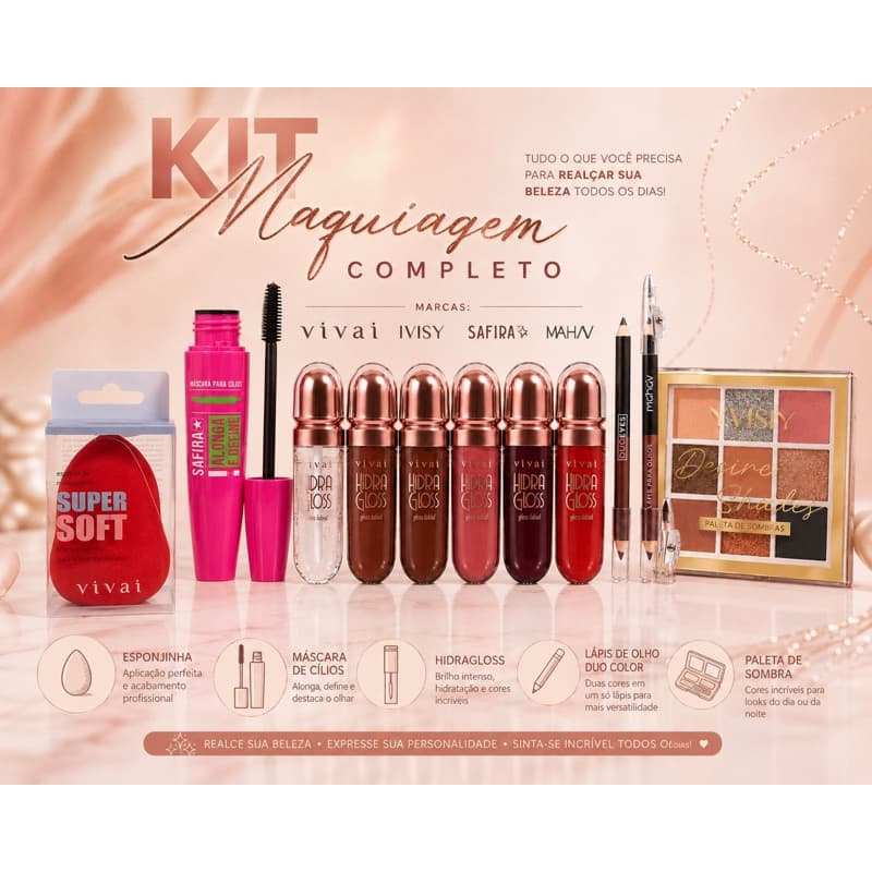Kit Maquiagem Completo 5 Peças Vivai Yvisy Mahav Safira Gloss Paleta Sombras Esponja Lápis Duo Máscara de Cílios