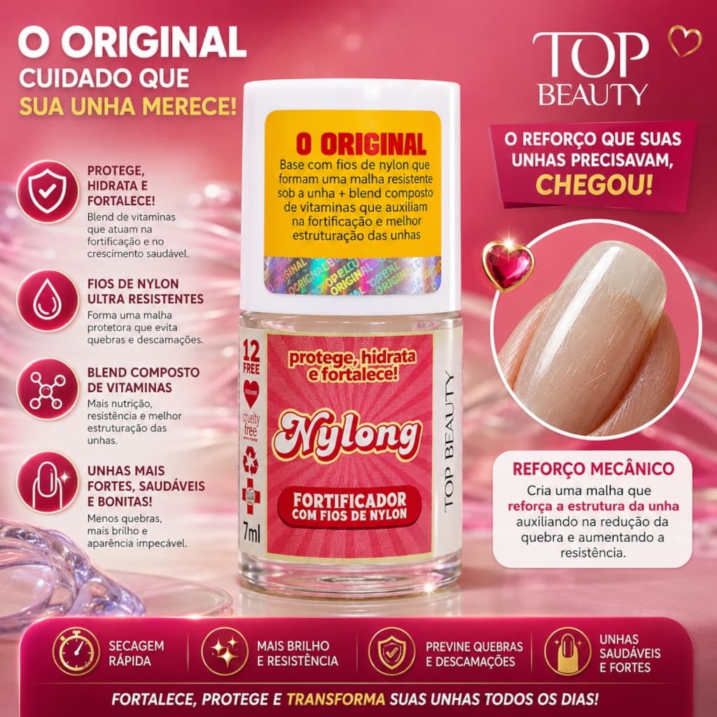 Top Beauty Base Nylong para Unhas com Fios de Nylon S.O.S Unhas 12 Free 7ml