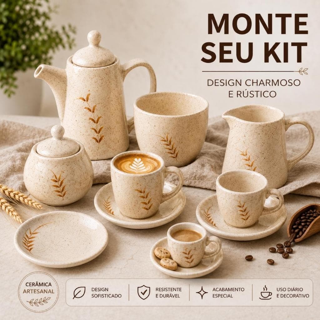 Monte Seu Kit Café Cerâmica Completo Bule Xícaras Pires Jogo de Chá Rústico Decorativo Elegante