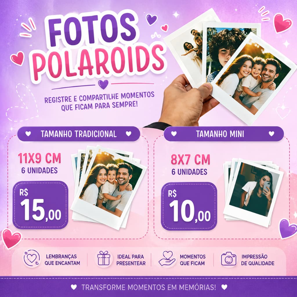 FOTOS MINI POLAROIDS COM OU SEM IMÃ PARA GELADEIRA