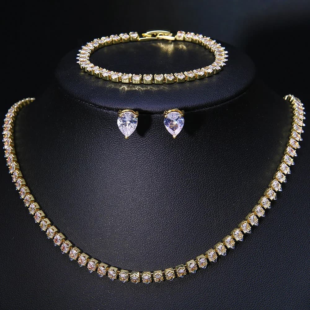 Conjunto de Joias Feminino Conjunto Colar, Brincos e Pulseira Elegante para Casamento, Festa e Noiva Zircônia Luxo Biju