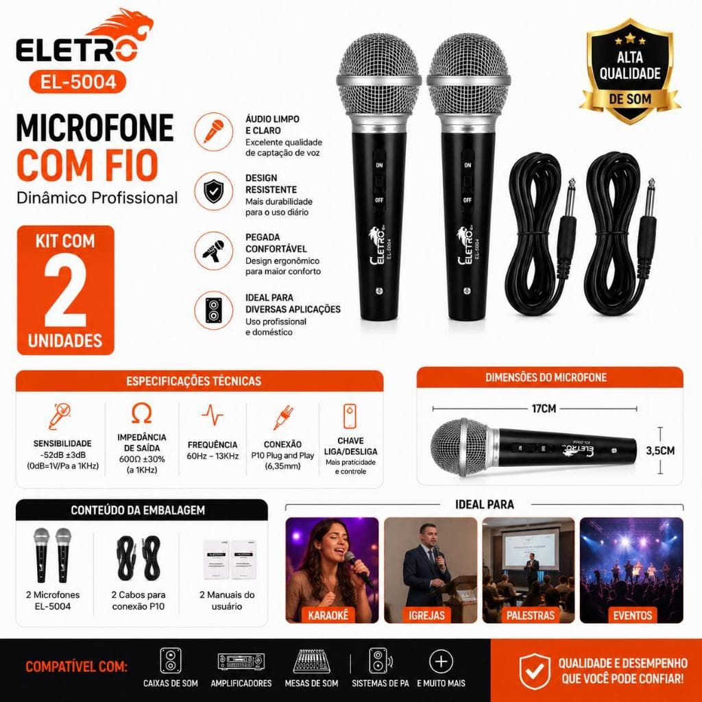 Kit 2 Microfones Com Fio P10 Dinâmicos Profissionais Karaokê Igrejas Eventos Palestras Mesa De Som EL-5004