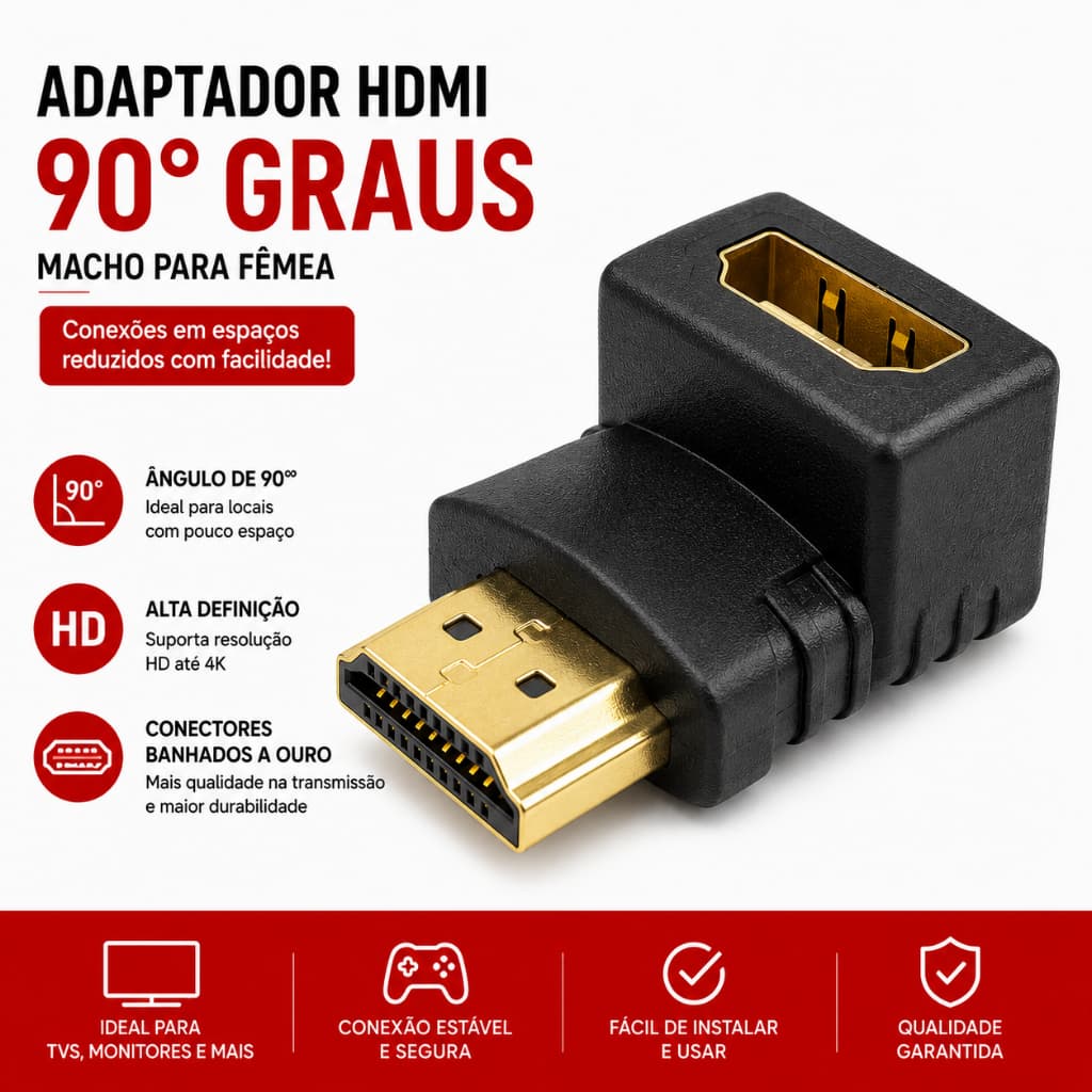 Adaptador HDMI 90 Graus 4K L Macho x Fêmea - Ideal para TV de Parede, Monitor e Video Game (Blindado)