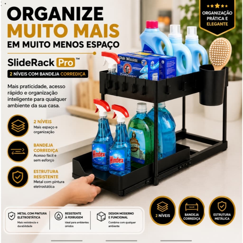 Organizador Multiuso 2 Níveis SlideRack Pro™ com Bandeja Corrediça Metal Preto para Cozinha Banheiro Lavanderia Armário