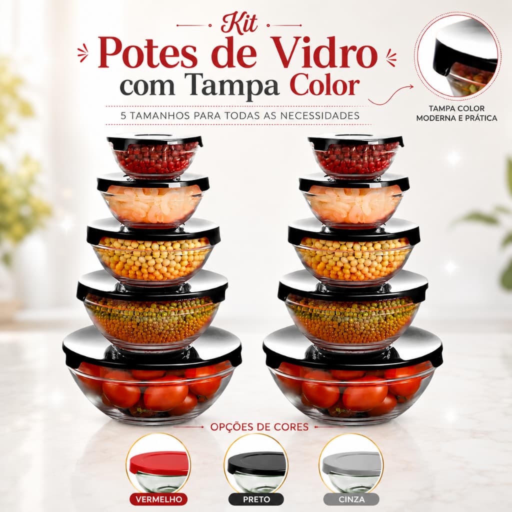 Kit Marmitas Fitness de Vidro com Tampa Hermética – 5 a 10 Potes para Refeições
