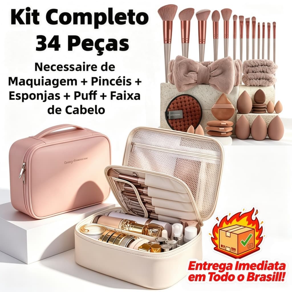 Kit Completo 34 Peças Acessórios de Maquiagem Necessaire Pincéis Esponjas Faixa Feminina para Viagem