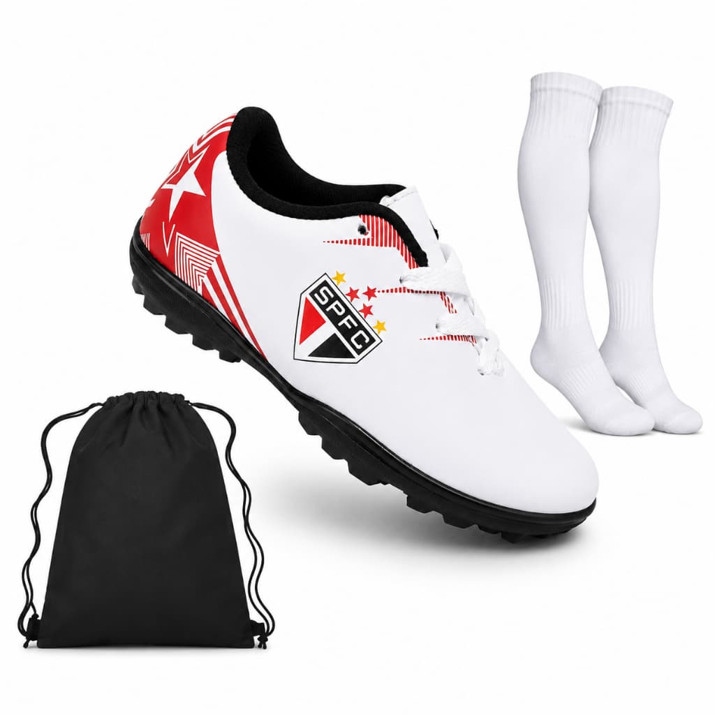 Kit Chuteira Infantil Society Tricolor Estrela Branca + Meião + Mochila | Confortável | Tam. 28 ao 36