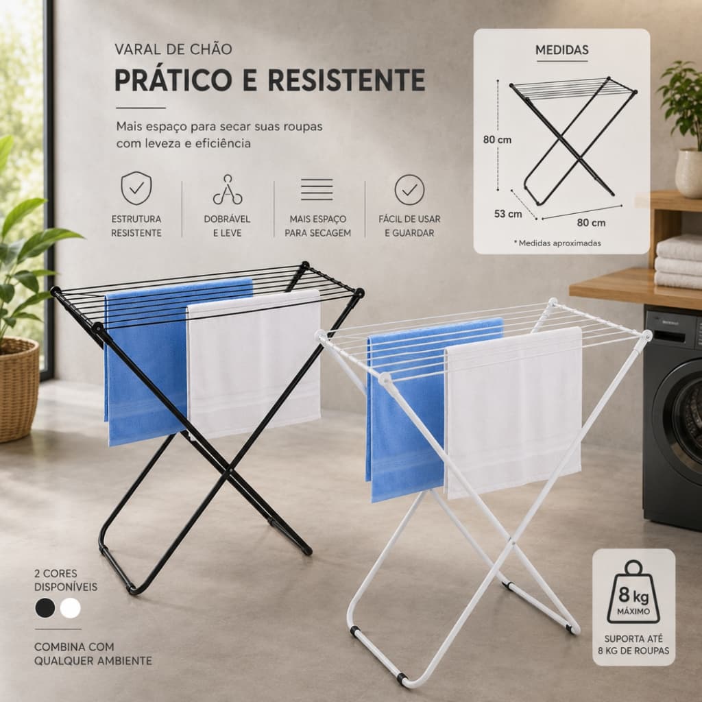 Varal de Chão Portátil Dobrável Aço 80x53x80cm 6,4m Suporta 8kg Compacto para Roupas Branco ou Preto