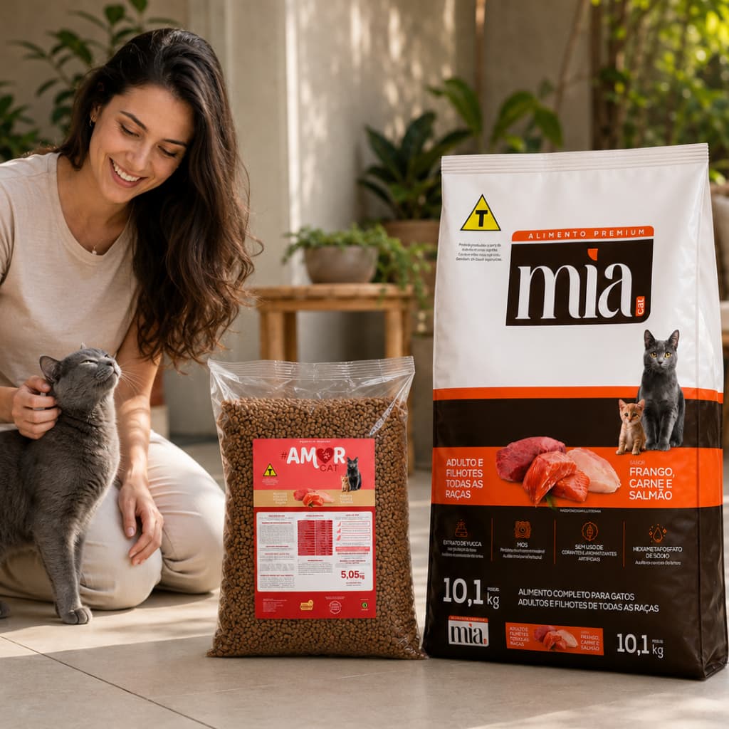 Ração Para Gato Filhote e Adulto 10kg Premium Sabor Carne Salmão e Frango 27% Proteína