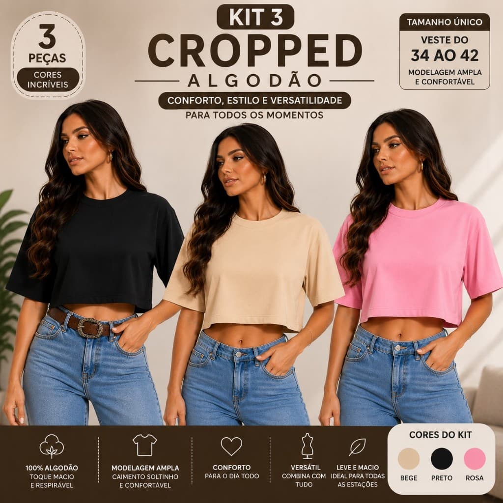 Kit 3 Blusa Cropped Feminina Curta Basica Algodão Tendencia Confortavel
