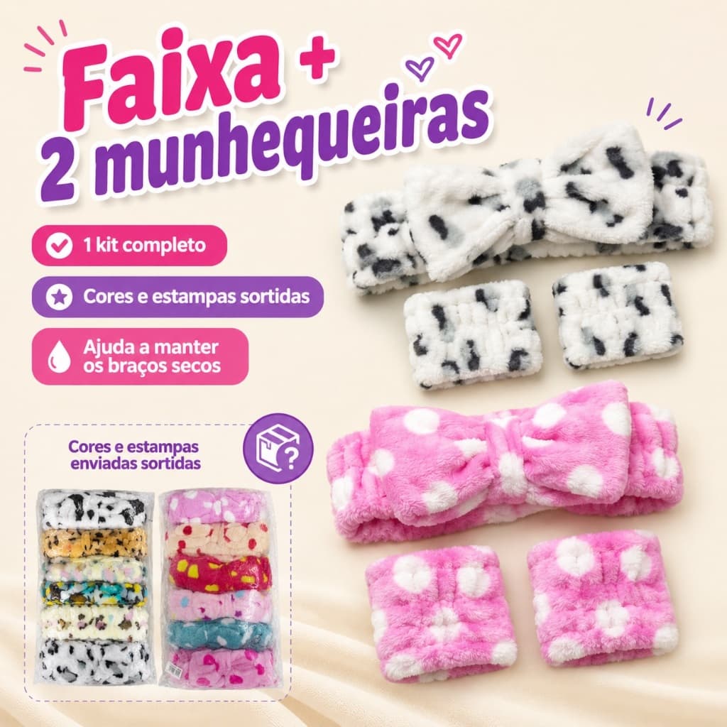 Kit Faixa de Cabelo com Laço + 2 Pulseiras Absorventes para Lavar o Rosto e Skincare