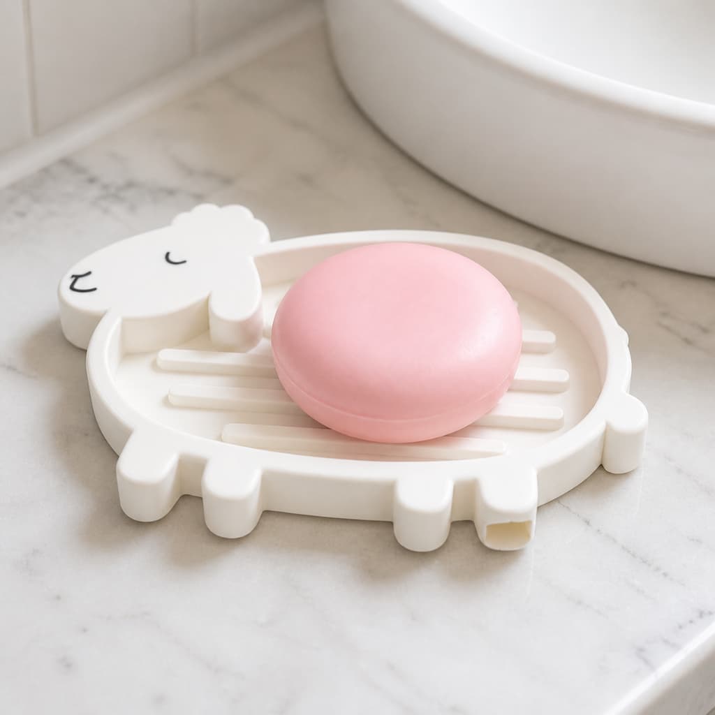 Saboneteira Ovelha Porta Sabonete com Drenagem Elevada em PLA Branco Creme ou Rosa