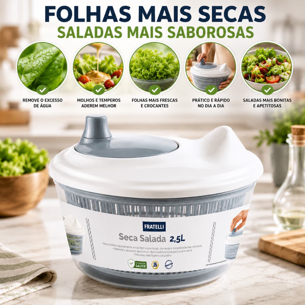Seca Salada 2,5L Manual Centrífuga de Folhas Escorredor de Verduras Alface Bowl Multiuso