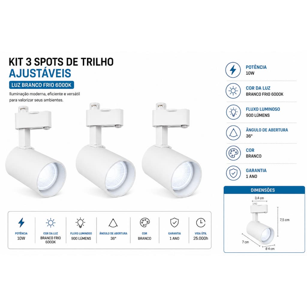 Trilho eletrificado branco / preto com 3 spots branco quente ou branco frio 10W Mayler 6000k/3000k direcionáveis