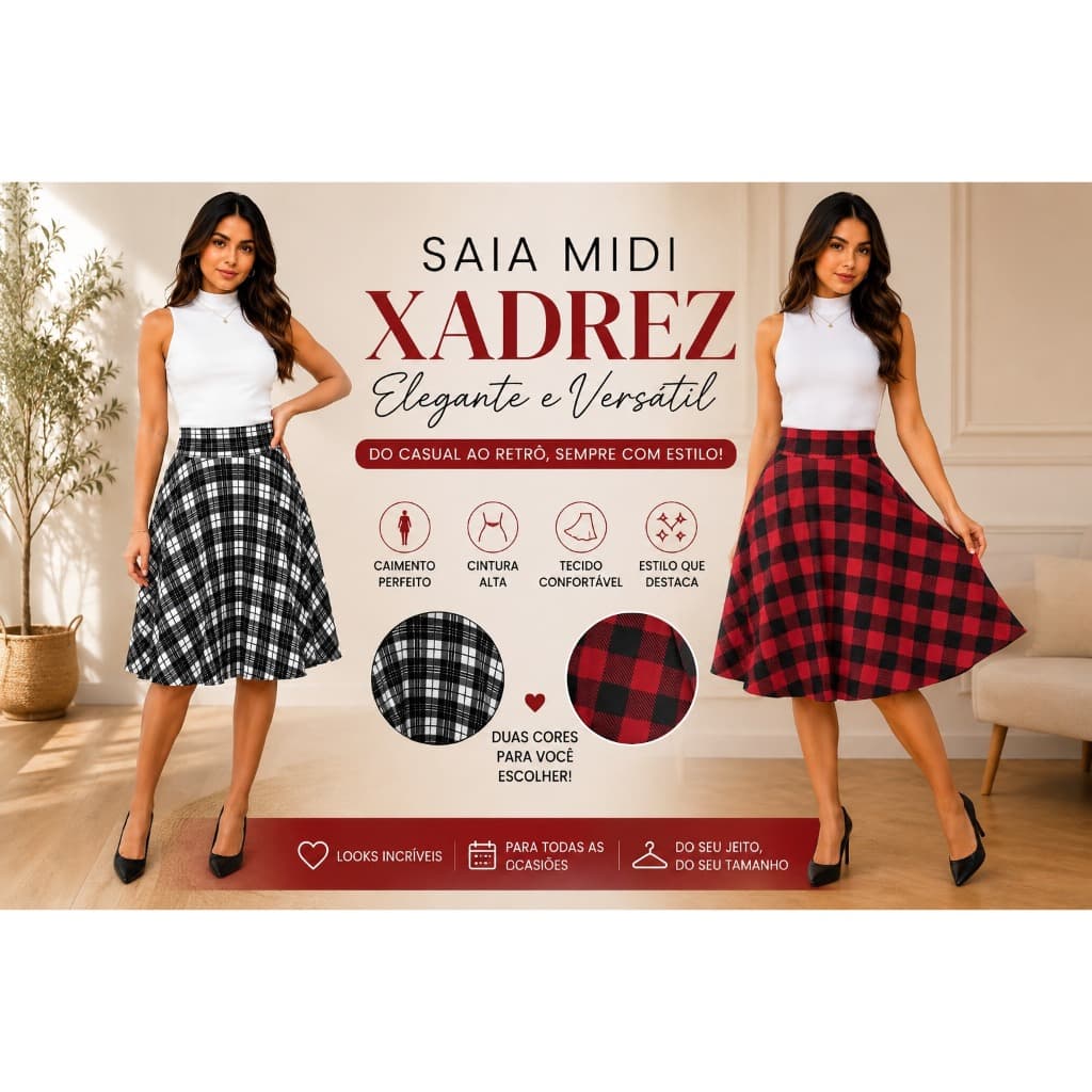 KIT 2 SaiaS Midi Moda gode Feminina Quadriculada piedy pulli P ao G3