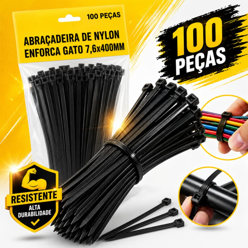 Kit 100pçs Abraçadeira Nylon  7,6x400mm  Enforca Gato Lingua de Sogra hellerman Resistente Calor Cinta Plástica Grossa
