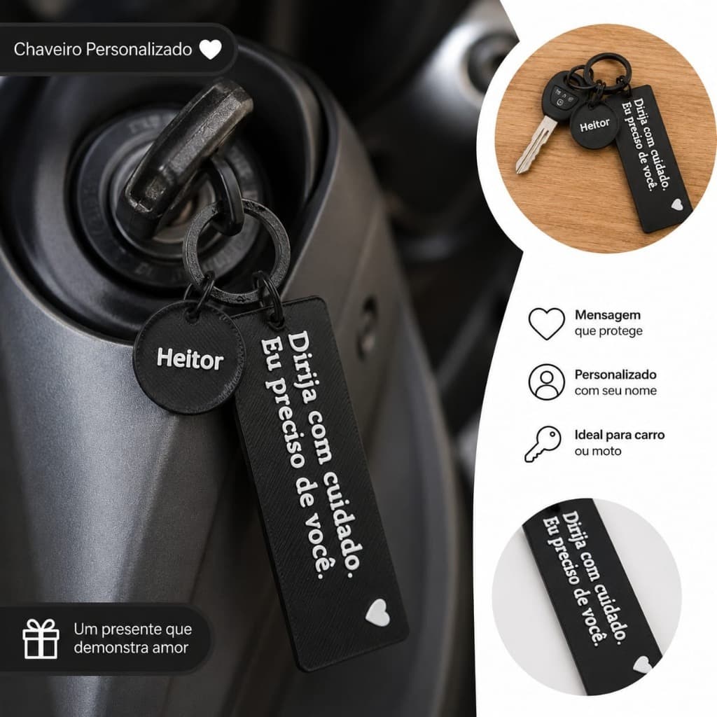 Chaveiro Personalizado com Nome e Frase | Presente para Carro ou Moto | Impressão 3D