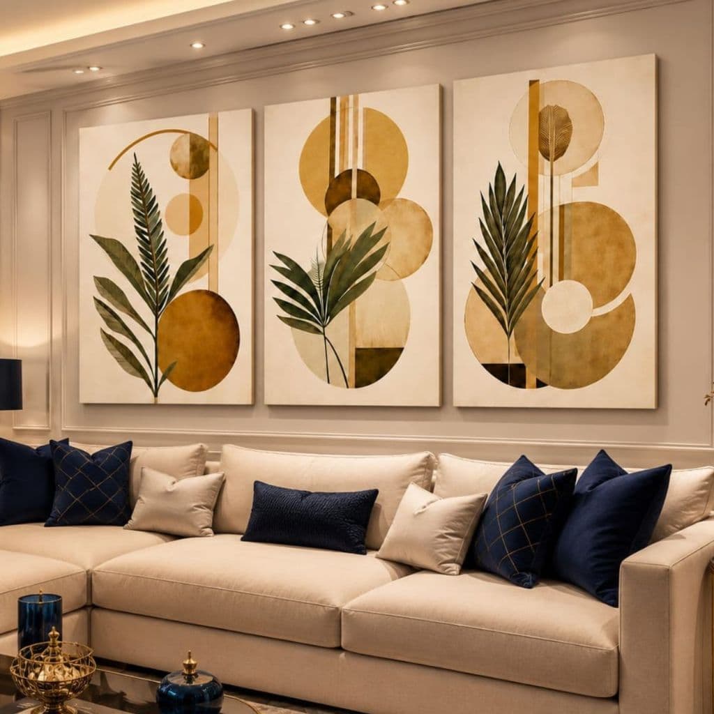 Quadro Decorativo Tríptico Botânico Boho Minimalista Geométrico Folhagens Abstratas Tons Bege Sem Moldura Sala Quarto
