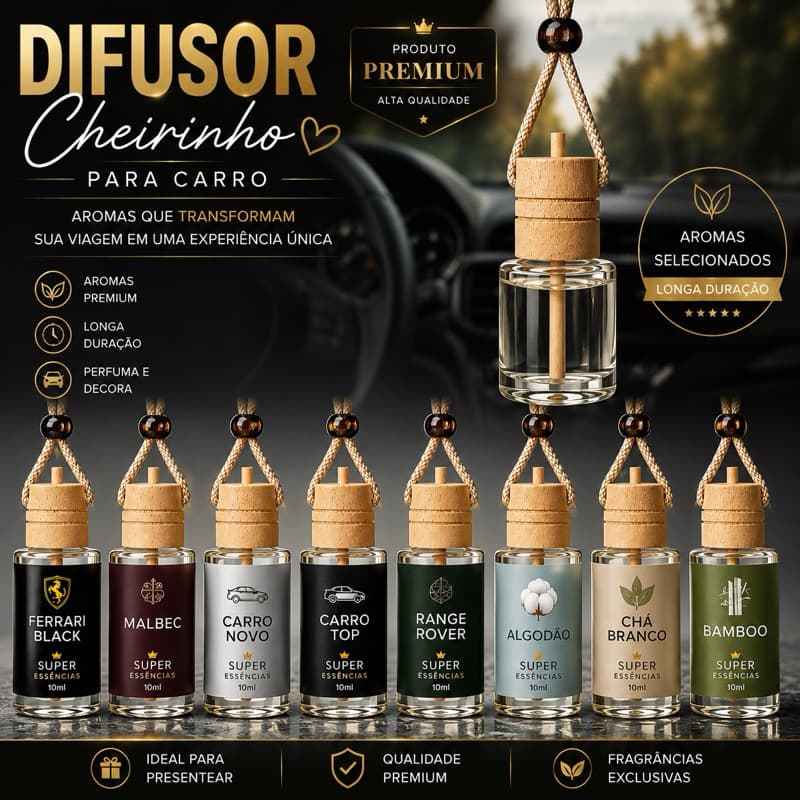 Cheirinho para Carro Premium 10ml, Aromatizador Automotivo, Difusor para Carro, Escolha a Fragrância