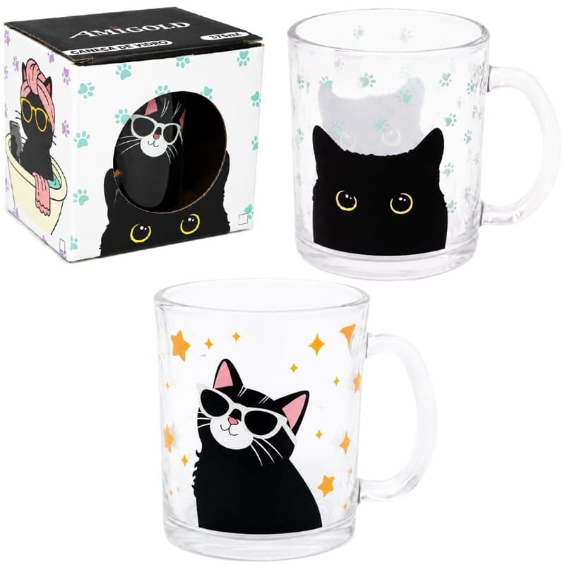 CANECA XICARA DE VIDRO GATO 335ML