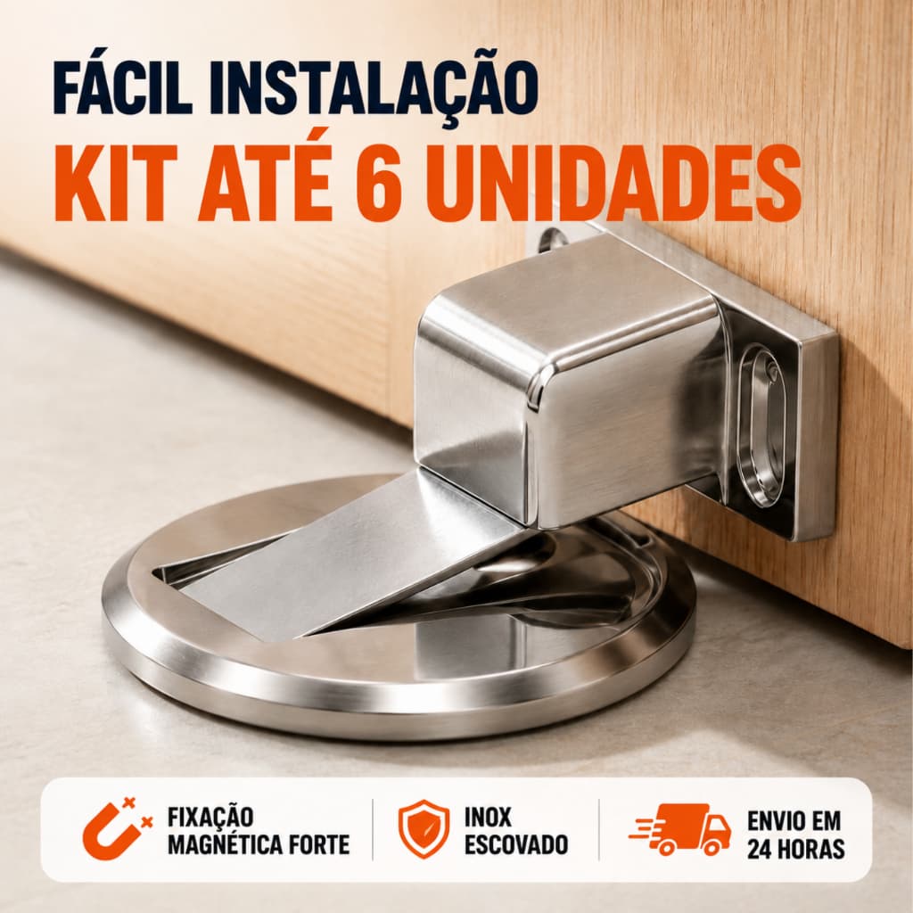Trava Porta Magnético Adesivo Slim Inox Cromado Sem Furo