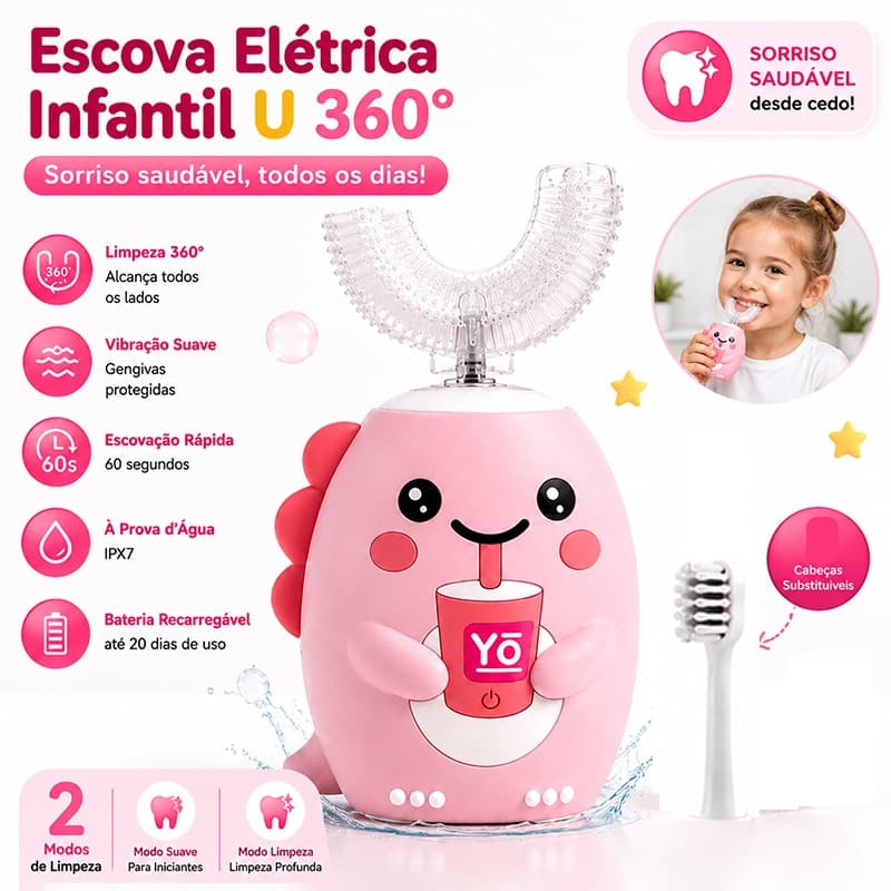 Escova de Dente Elétrica Infantil Formato U 360° para Crianças 2 Modos 2 Cabeças Substituíveis IPX7
