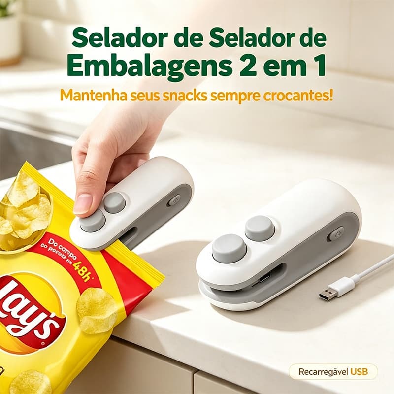 Selador de Embalagem Portátil 2 em 1 Recarregável USB Selagem e Corte de Sacolas Snacks Alimentos Preserva Alimentos Ute