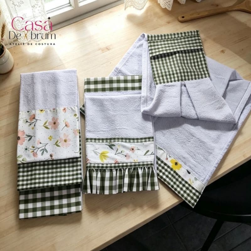kit cozinha artesanal 5 peças - panos de prato e bate mão grande - Estampas floral e xadrez 100% algodão