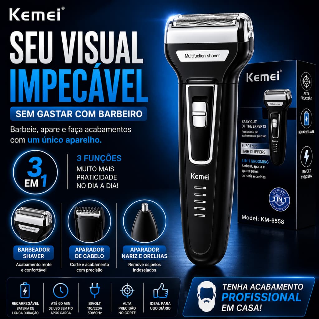 Aparador de Barba Kemei 3 em 1 Recarregável Bivolt Barbeador Elétrico Máquina de Cortar Cabelo KM6558