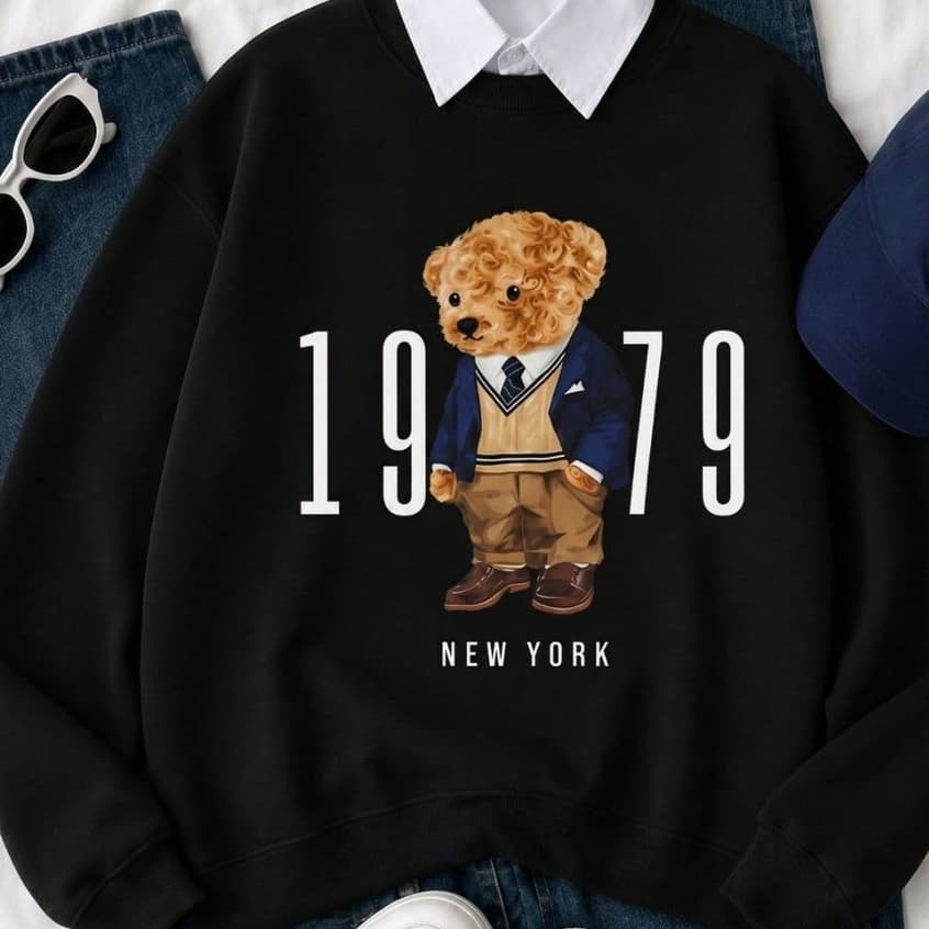 Moletom Feminino Gola Careca 1979 NY Urso Blusa de Frio Quentinha Estilosa Vintage Preppy Elegante