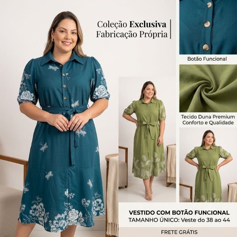 vestido famenina com botoes funcionais elegante com cinto cogressos casual
