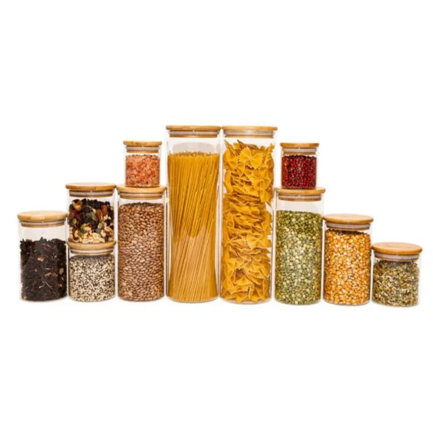 Kit 5 ou 11 Potes de Vidro Hermético Tampa de Bambu Porta Mantimentos