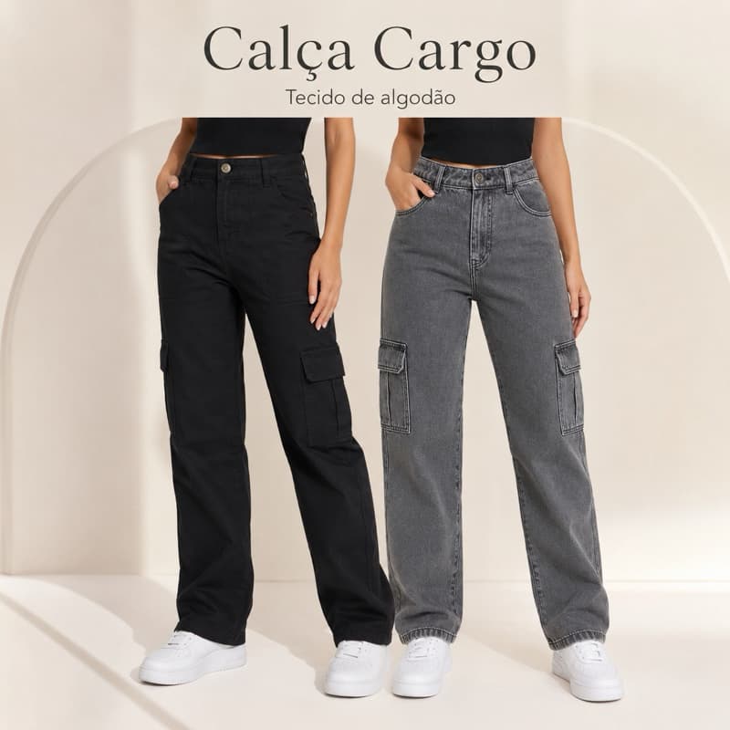 Calça Cargo feminina Jeans com bolsos cintura alta modelo wide leg tendencia