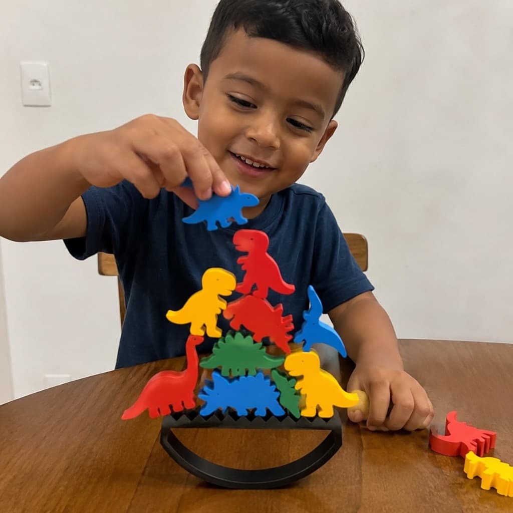Jogo de Equilíbrio Dinossauros Educativo Infantil 3D Brinquedo Montessori Coordenação Motora  10 Peças + Base