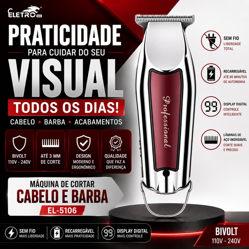 Máquina de Cortar Cabelo e Barba Aparador Profissional Recarregável Sem Fio Bivolt com Display Digital