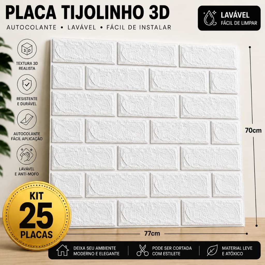 Lote 25 Placas Tijolinho Autocolante 70x77 Decoração Ambientes