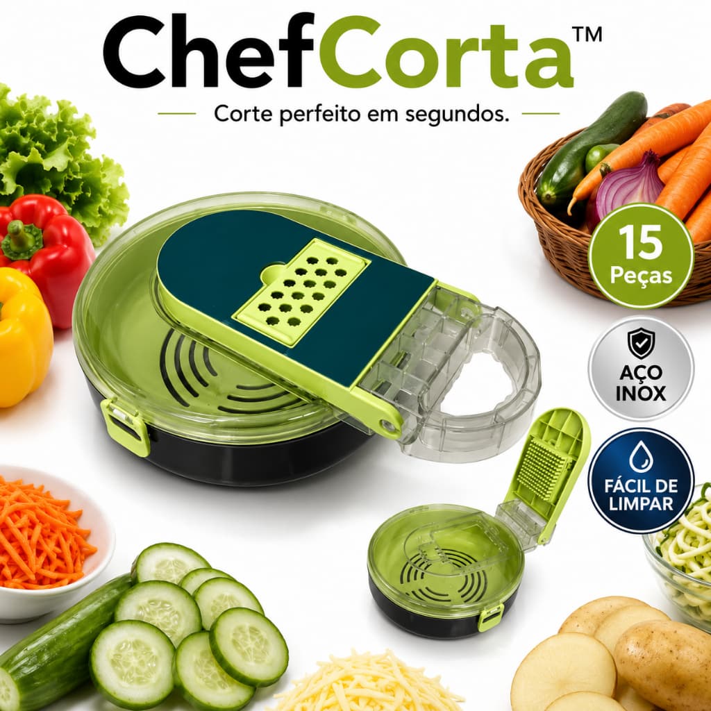 Fatiador e Ralador de Legumes Multifuncional 15 Peças ChefCorta™ Cortador Manual com Recipiente Aço Inox