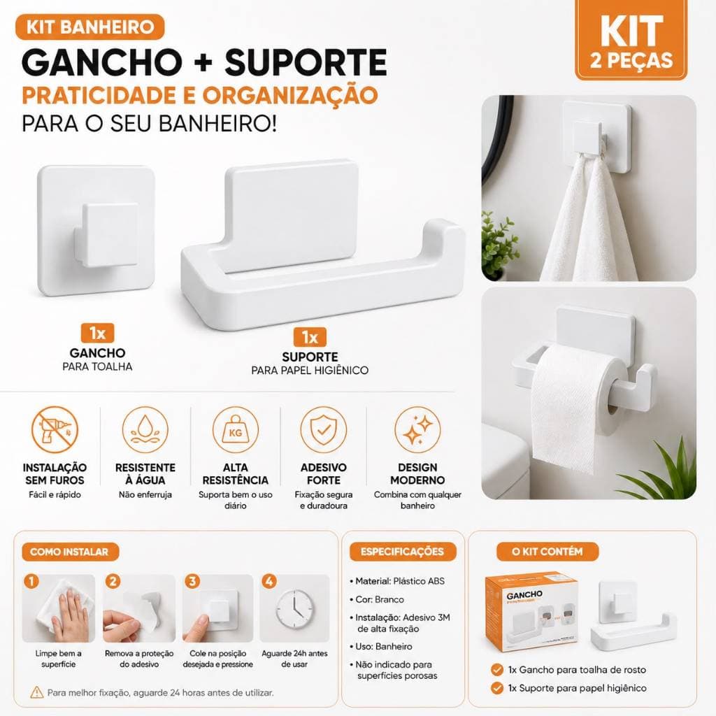 Kit Suporte Papel Higiênico e Suporte Gancho Toalha Elegante Adesivo 3M Sem Furos Banheiro Branco Fácil de Instalar