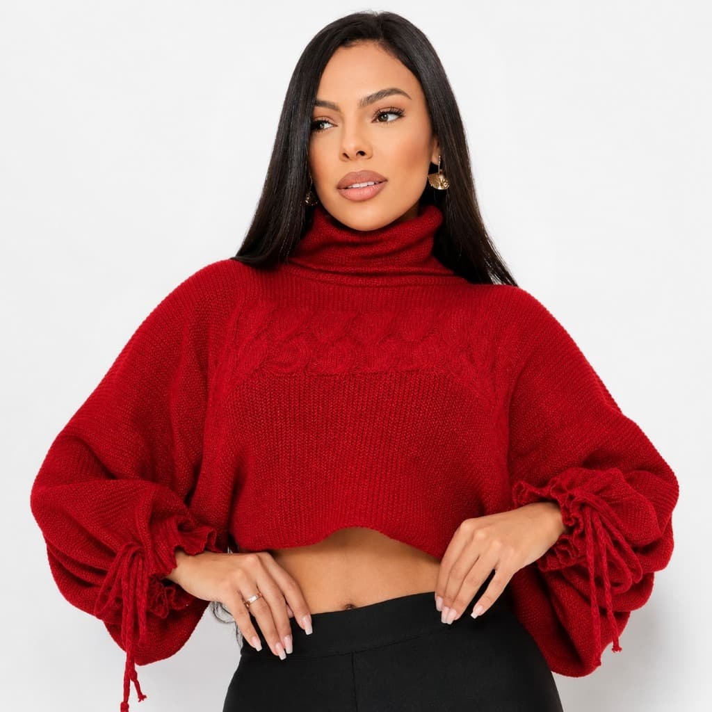 Cropeed Feminino Gola Alta Manga Bufante Blusa Curta Moda Outono Look Elegante