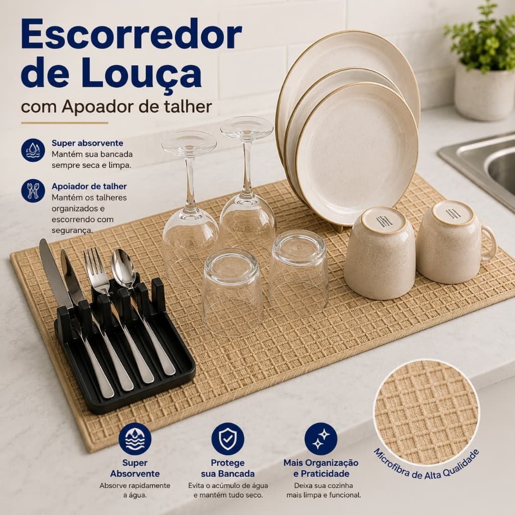 Kit Tapete Escorredor de Louça em Microfibra 30x40cm com Apoiador de Talheres Preto - Super Absorvente