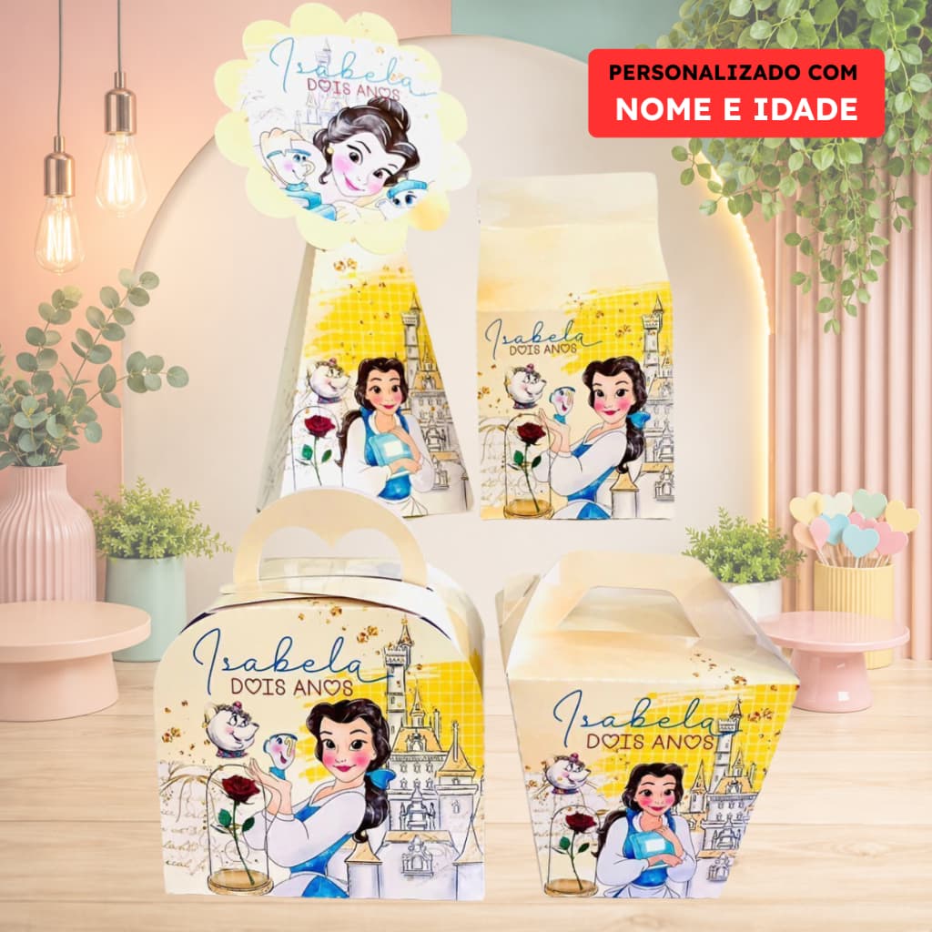 CAIXINHA BELA E FERA - PEGUE E MONTE -  PERSONALIZADA COM NOME E IDADE - KIT FESTA, ANIVERSARIO, DECORAÇÃO, LEMBRANCINHA