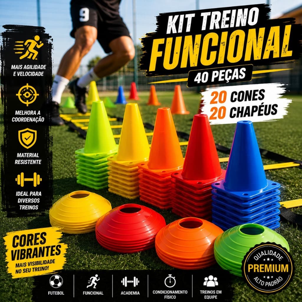 KIT COMPLETO DE AGILIDADE | 20 CONES + 20 CHAPÉUS | FUTEBOL E FUNCIONAL