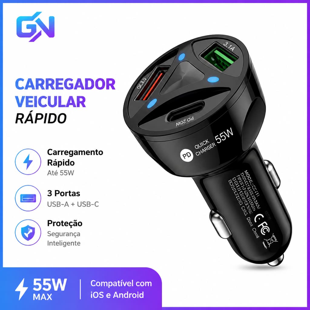 Carregador De Carro 3 USB Adaptador Isqueiro Multifuncional Para Smartphone GPS Tablet