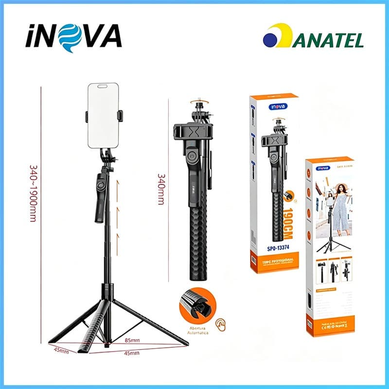INOVA Tripé Selfie Stick Portátil 190cm 360° Rotação Controle Bluetooth 1/4 Polegada Aço Inoxidável 368g，spo13374