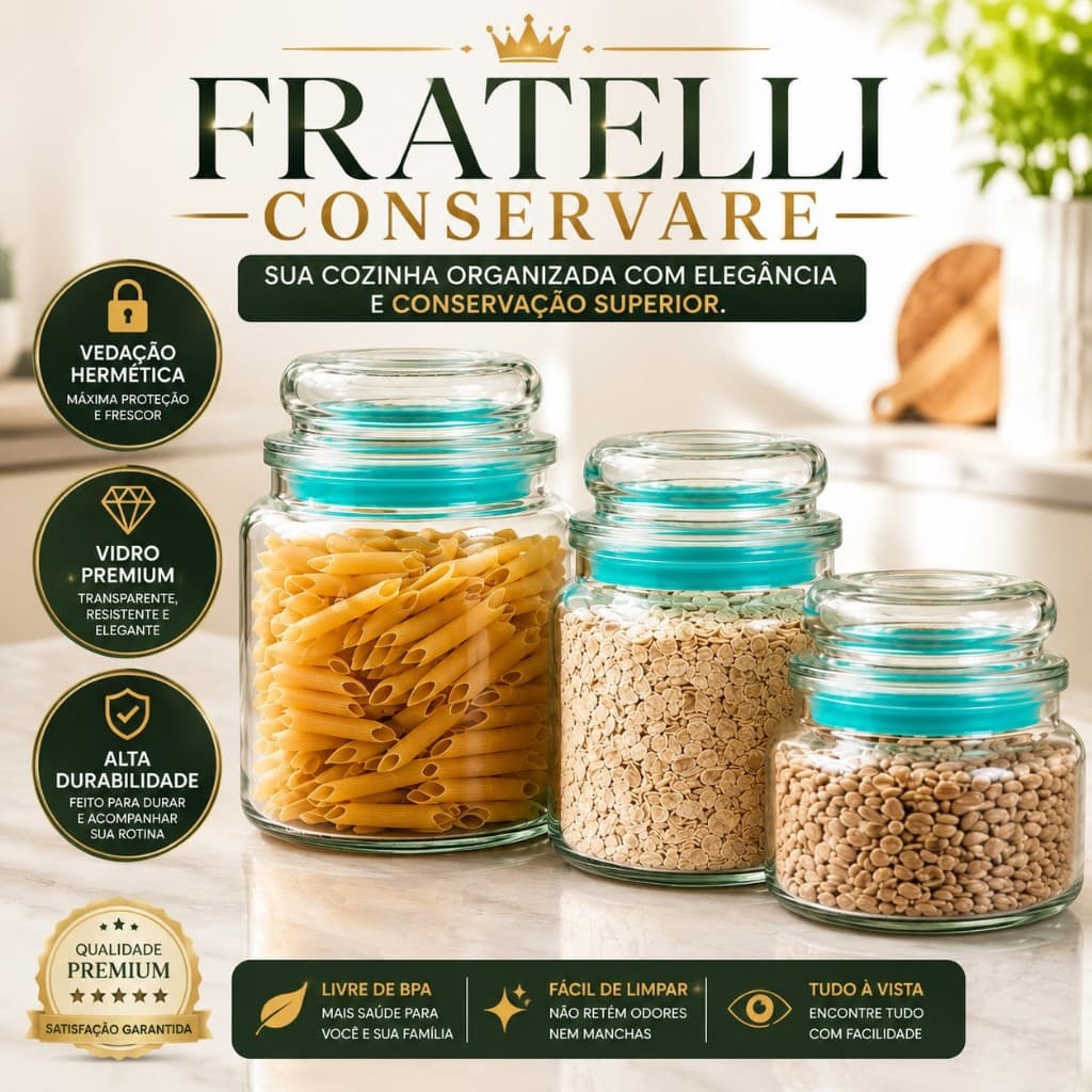 Kit 3 Potes Herméticos de Vidro Fratelli - Conservação Ideal para Alimentos