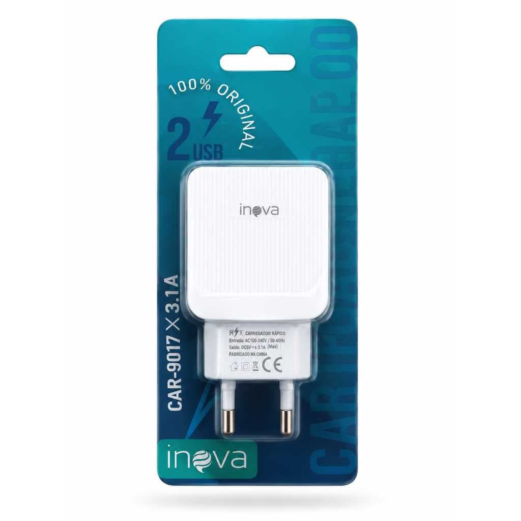 Fonte de Carregador Cor Branco 2 entrada USB carregamento rapido Marca INOVA modelo car-9017