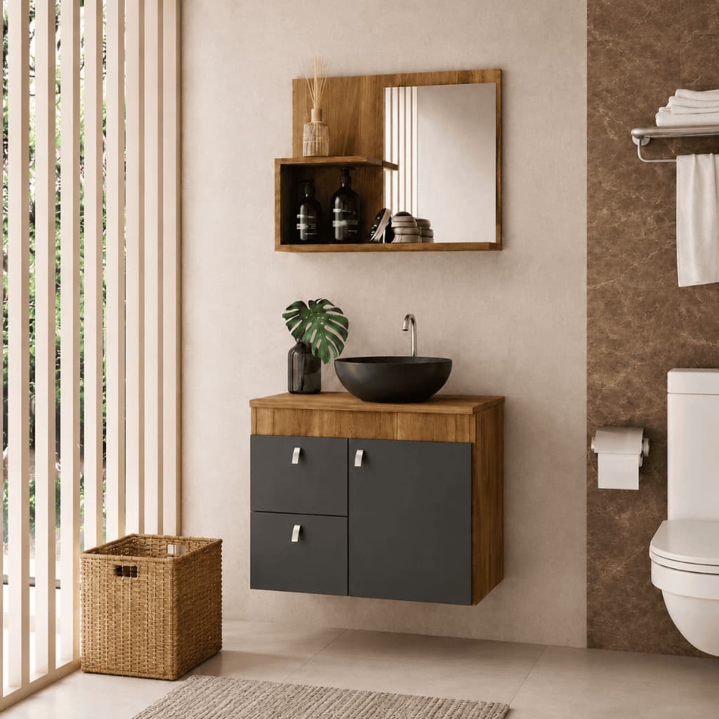 Kit Gabinete Suspenso 1 Porta 2 Gavetas Para Banheiro Com Cuba Plástica E Espelheira Cor Grafite/Canela - Trio Casa