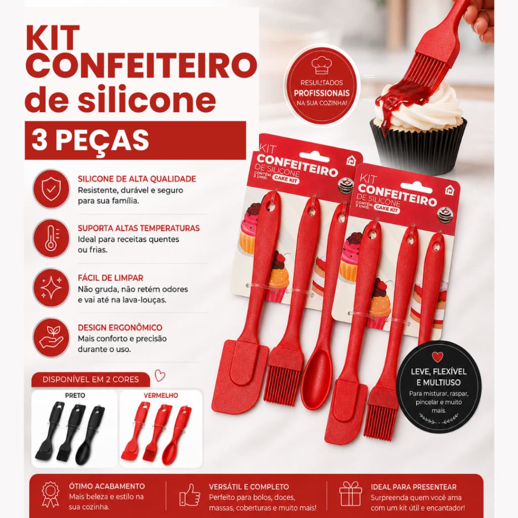 Kit Confeiteiro Silicone 3 Peças Espátula Pincel Colher Utensílios Silicone Resistente Cozinha