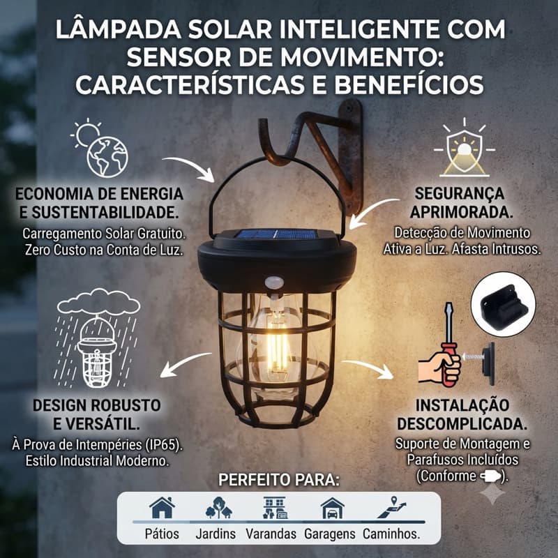 LUMINÁRIA LAMPIAO DE LED RECARREGÁVEL SOLAR COM SENSOR RETRO LED SMART