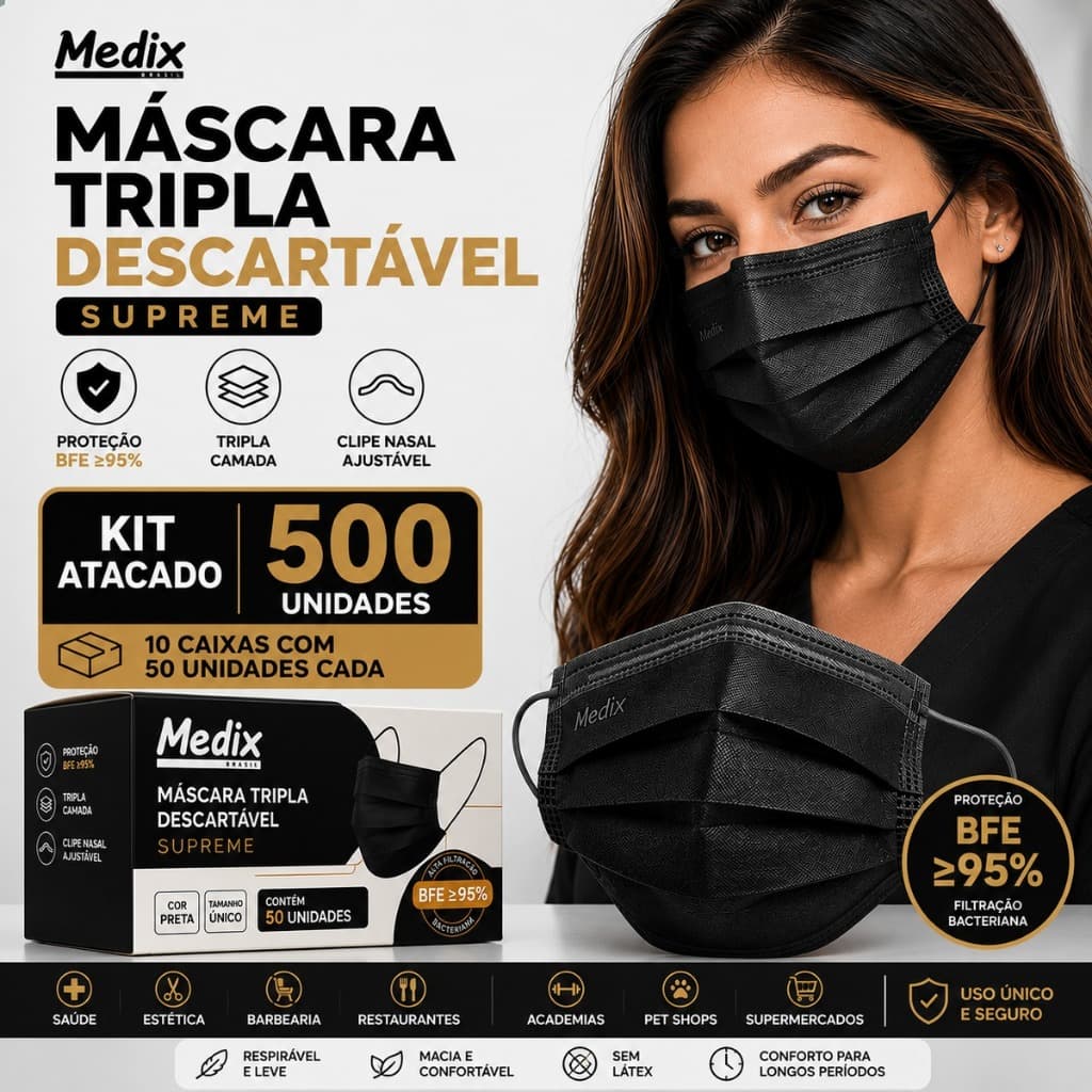 Kit 500 Máscara Descartável Tripla Preta Medix Uso Profissional Caixa Atacado